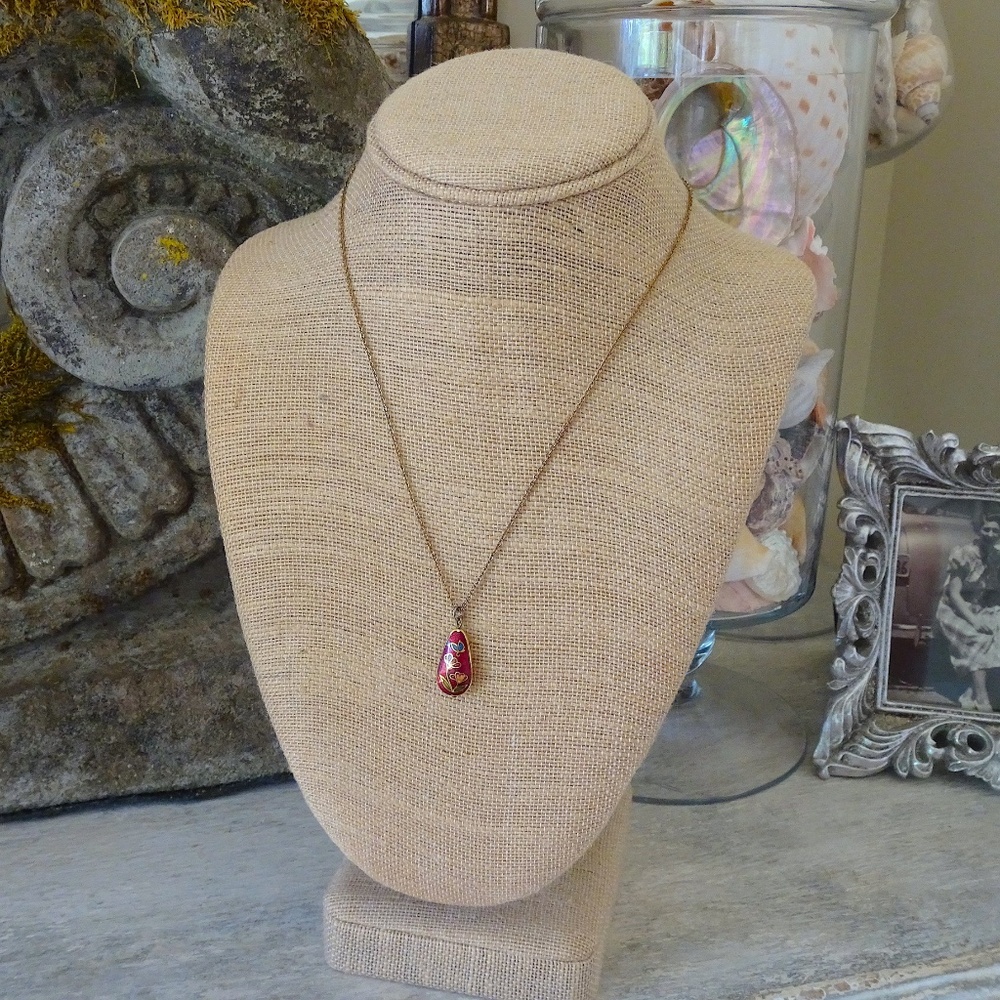Vintage Floral Cloisonné Enamel Red Teardrop Pendant Necklace - Picture 5 of 7